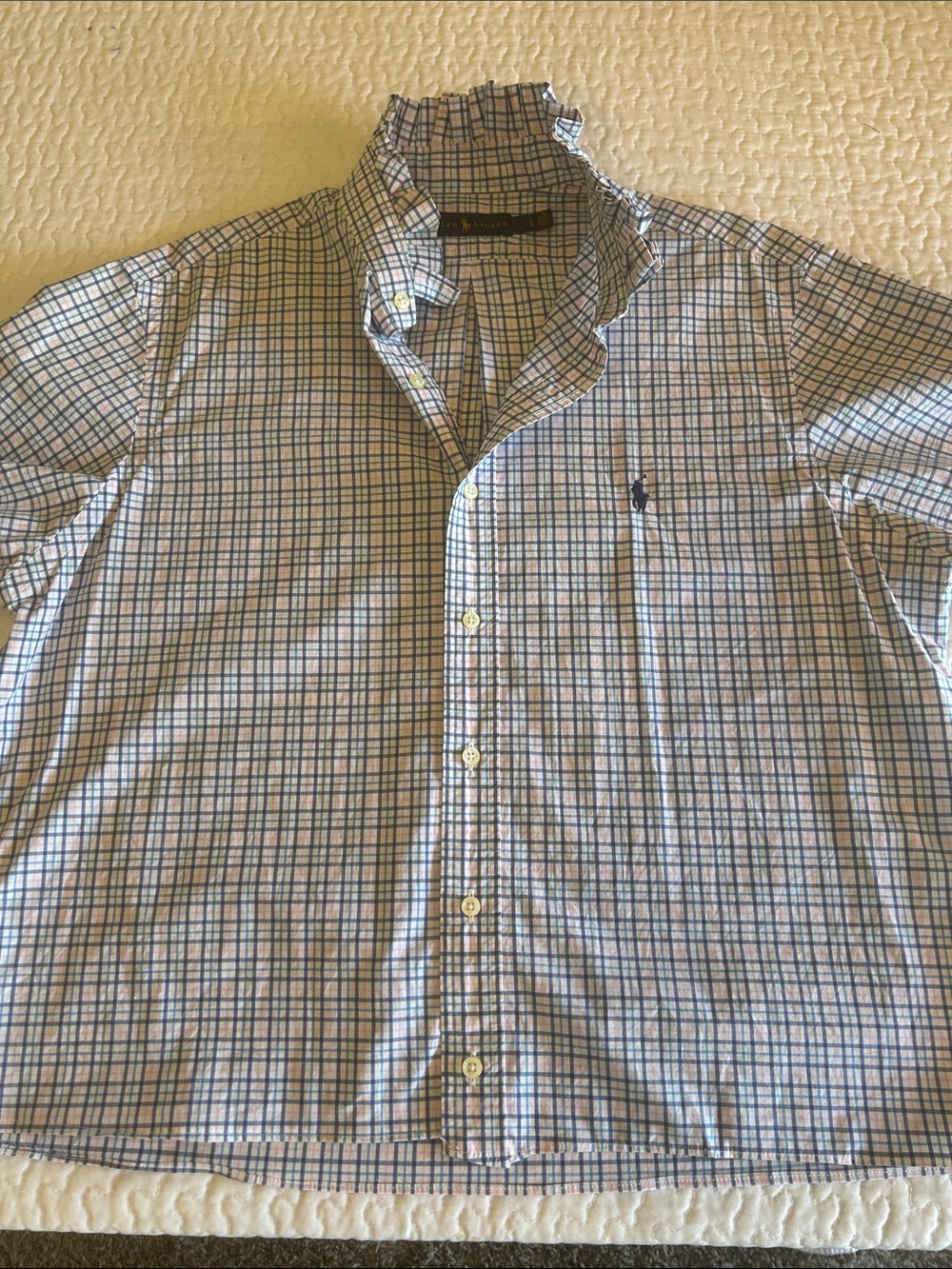 Women’s Upcycled Men’s Short-Sleeve Check Button-Down Shirt - Blue/White/pink
